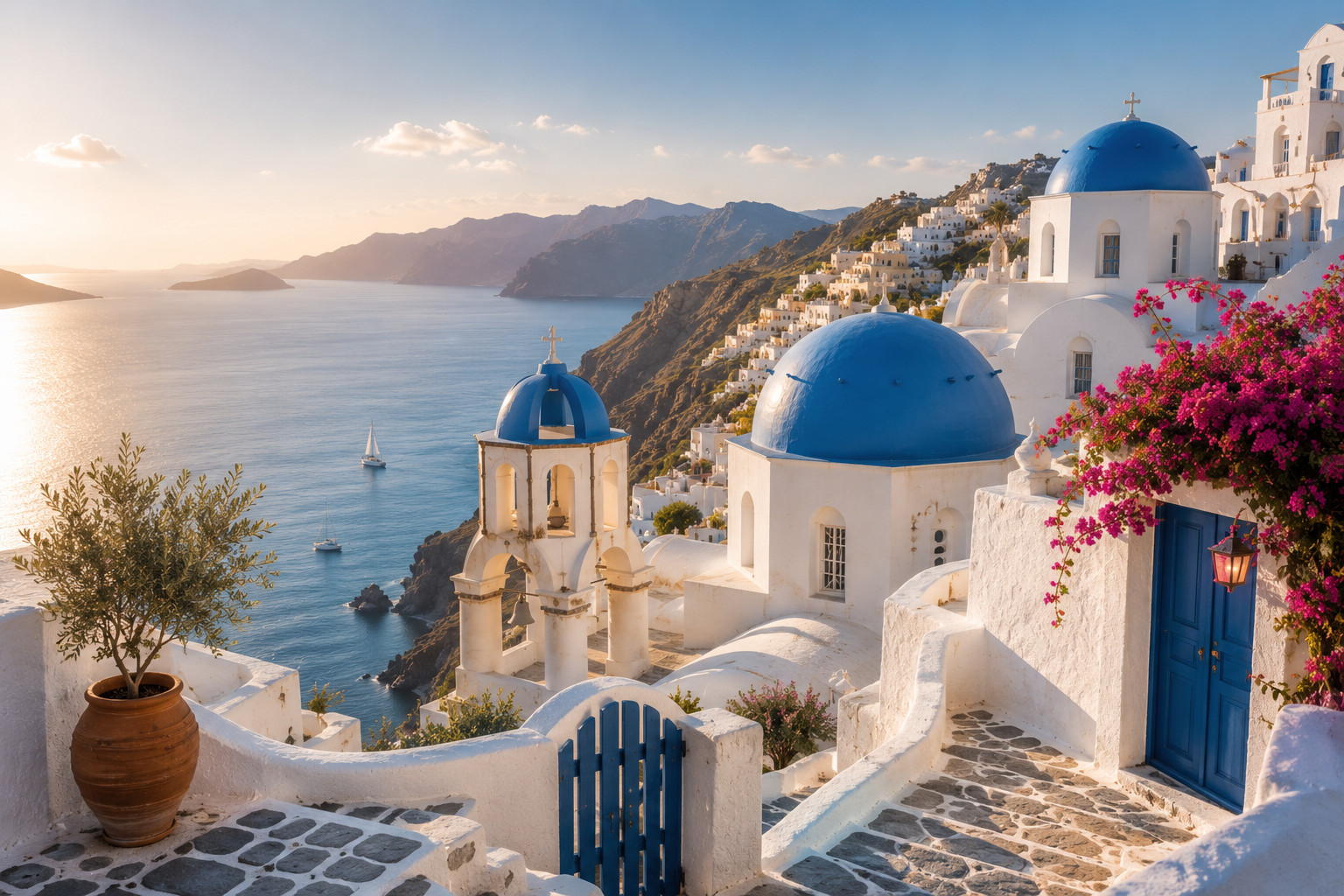 Whitewashed cliffside hospitality property overlooking the sea at golden hour